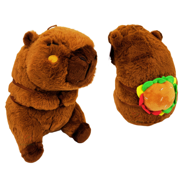Sitzendes Capybara Plüschtier ca. 25 cm in Braun mit dunkler Schnauze und Burger-Rucksack am Rücken.